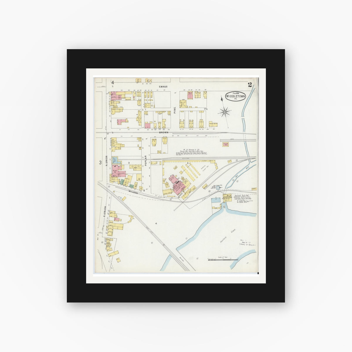 Old map wall art mockup — black gallery frame with white mat — Sanborn Fire Insurance Map from Middletown, Dauphin County, Pennsylvania (1896), Sheet #0002