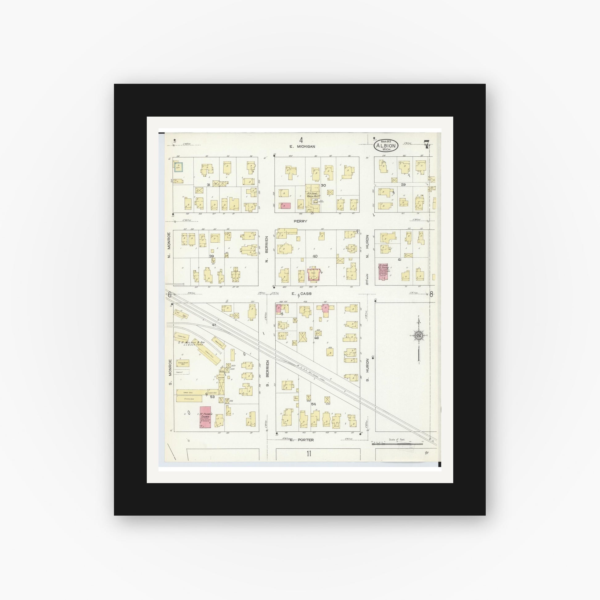 Old map wall art mockup — black gallery frame with white mat — Sanborn Fire Insurance Map from Albion, Calhoun County, Michigan (1913), Sheet #0007