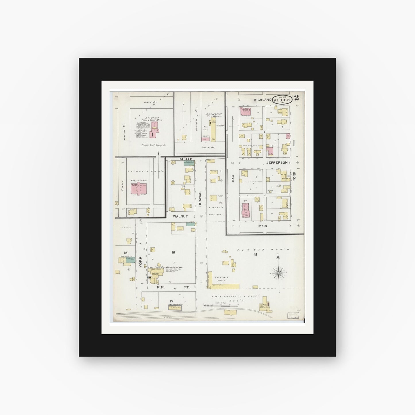 Old map wall art mockup — black gallery frame with white mat — Sanborn Fire Insurance Map from Albion, Noble County, Indiana (1892), Sheet #0002