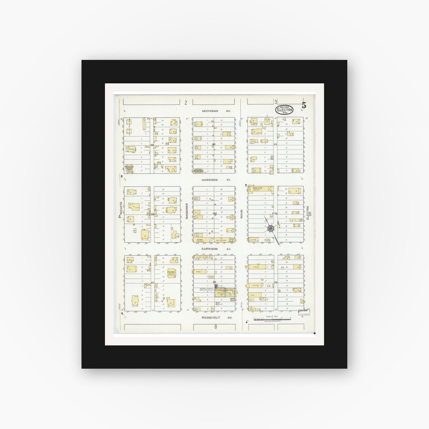 Old map wall art mockup — black gallery frame with white mat — Sanborn Fire Insurance Map from Electra, Wichita County, Texas (1919), Sheet #0005