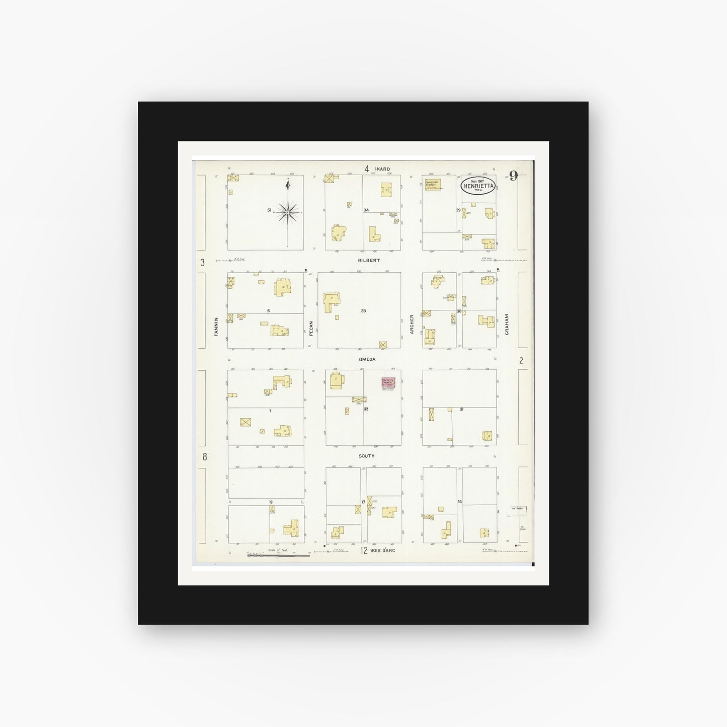 Old map wall art mockup — black gallery frame with white mat — Sanborn Fire Insurance Map from Henrietta, Clay County, Texas (1907), Sheet #0009