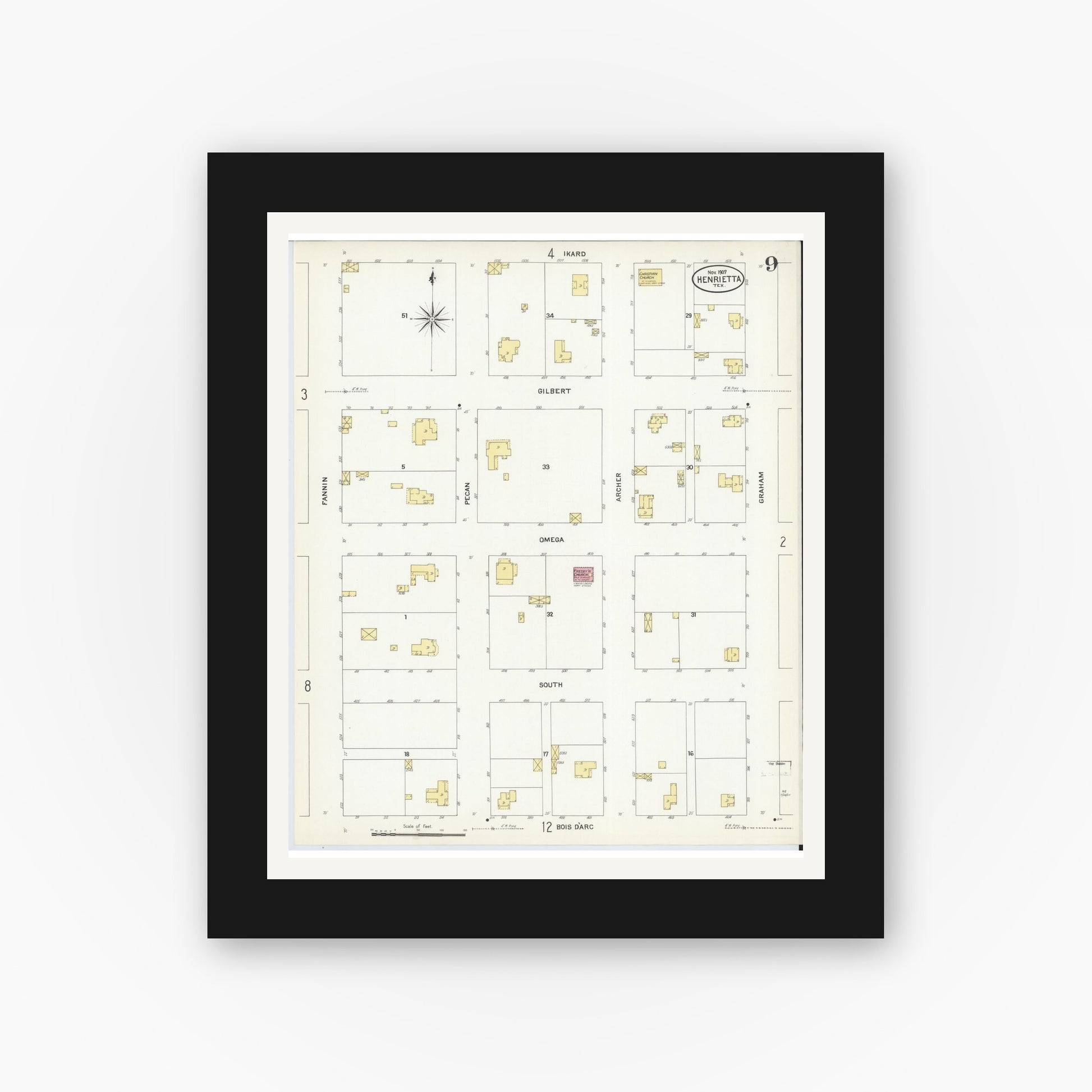 Old map wall art mockup — black gallery frame with white mat — Sanborn Fire Insurance Map from Henrietta, Clay County, Texas (1907), Sheet #0009