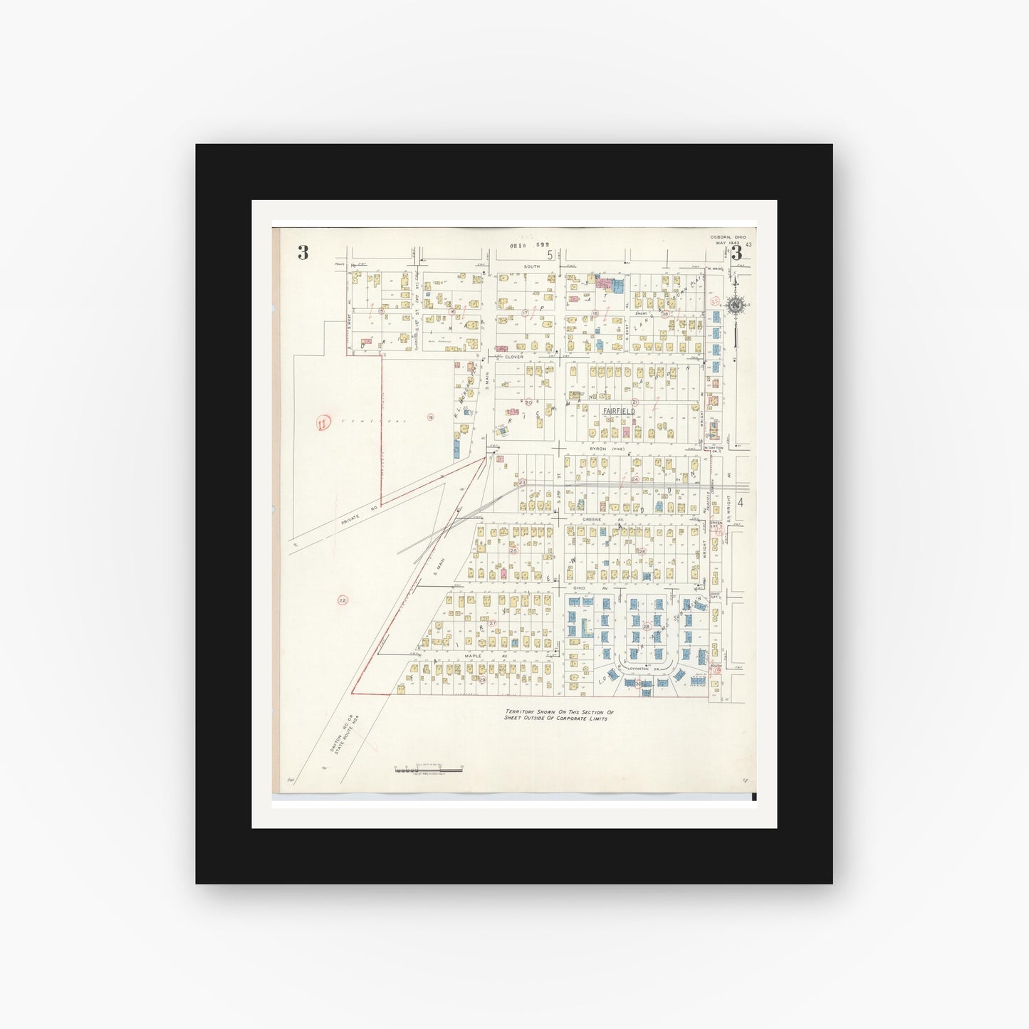 Old map wall art mockup — black gallery frame with white mat — Sanborn Fire Insurance Map from Osborn, Greene County, Ohio (1943), Sheet #0003