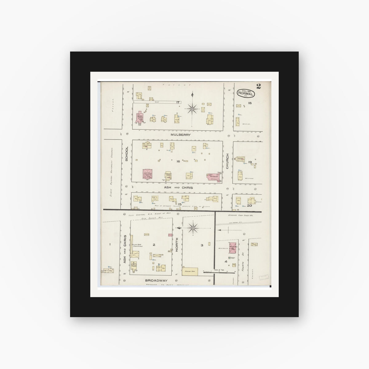 Old map wall art mockup — black gallery frame with white mat — Sanborn Fire Insurance Map from Normal, McLean County, Illinois (1885), Sheet #0002