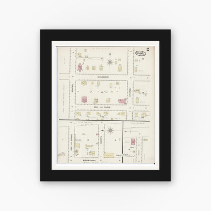 Old map wall art mockup — black gallery frame with white mat — Sanborn Fire Insurance Map from Normal, McLean County, Illinois (1885), Sheet #0002