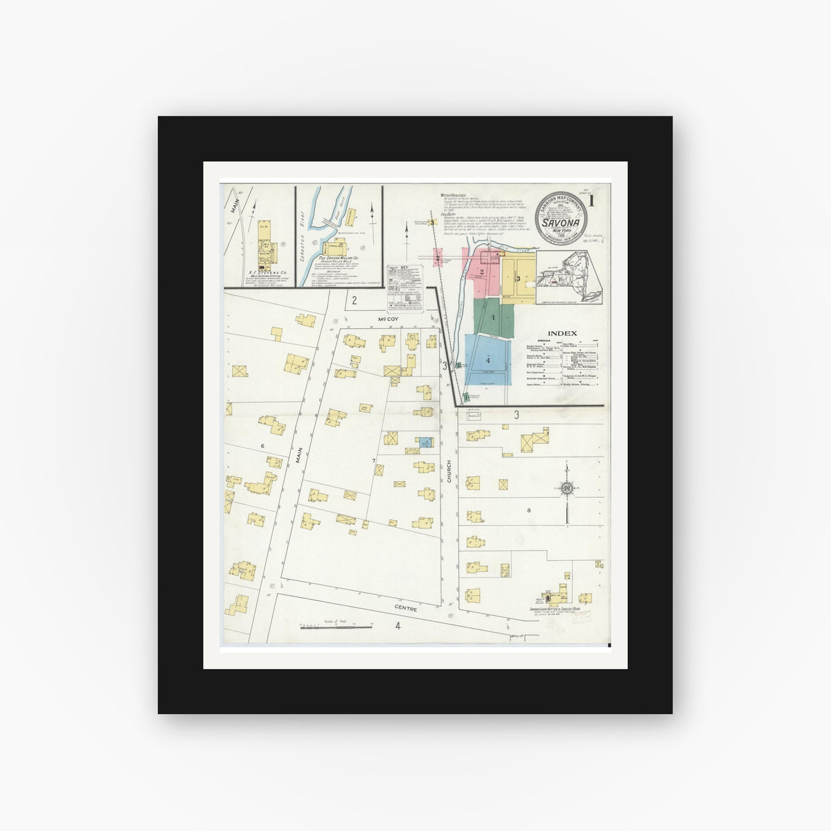 Old map wall art mockup — black gallery frame with white mat — Sanborn Fire Insurance Map from Savona, Steuben County, New York (1915) - Complete Map Set
