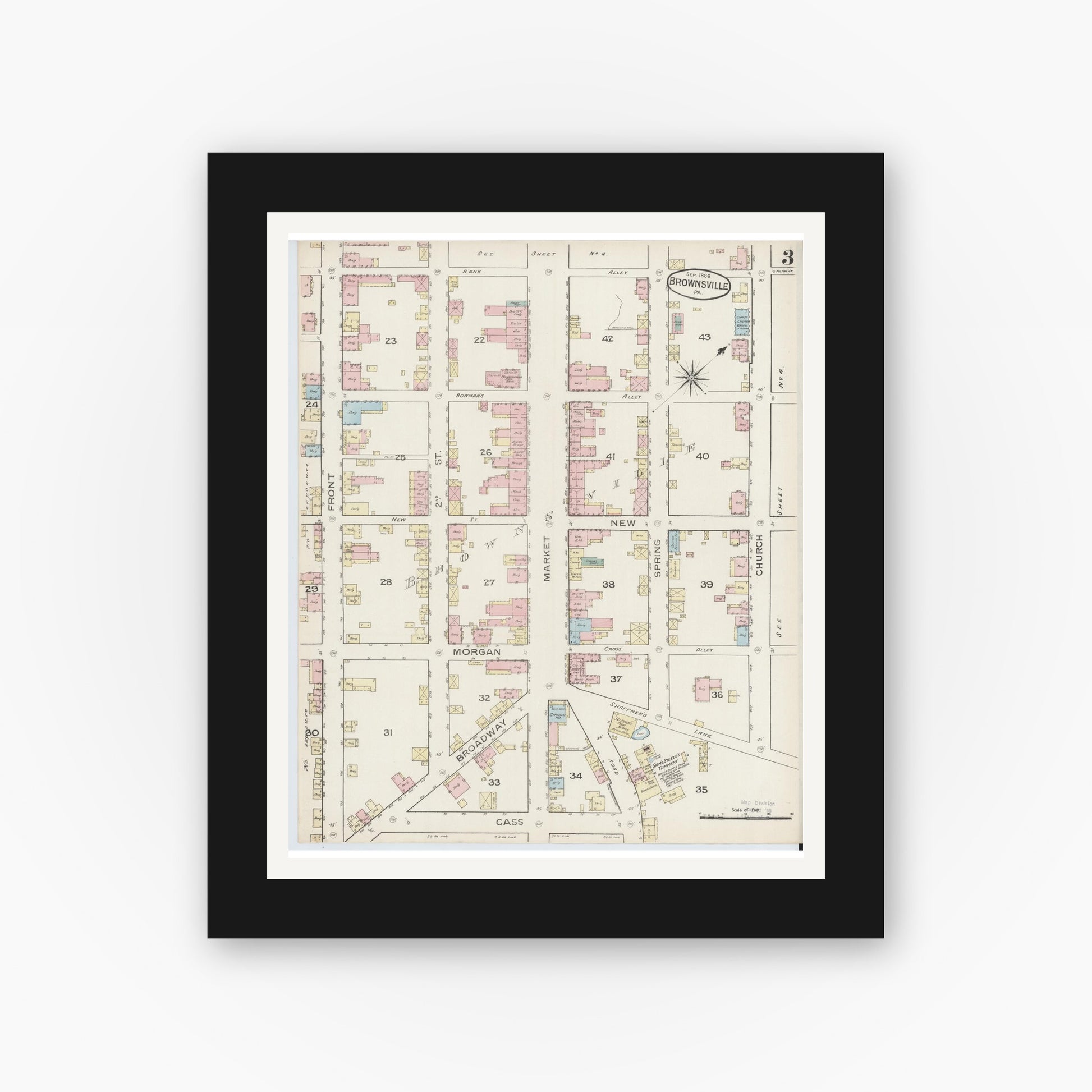 Old map wall art mockup — black gallery frame with white mat — Sanborn Fire Insurance Map from Brownsville, Fayette County, Pennsylvania (1886), Sheet #0003