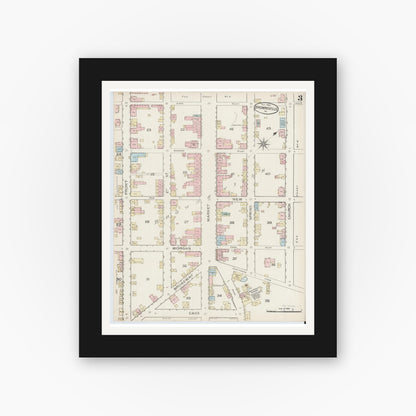 Old map wall art mockup — black gallery frame with white mat — Sanborn Fire Insurance Map from Brownsville, Fayette County, Pennsylvania (1886), Sheet #0003