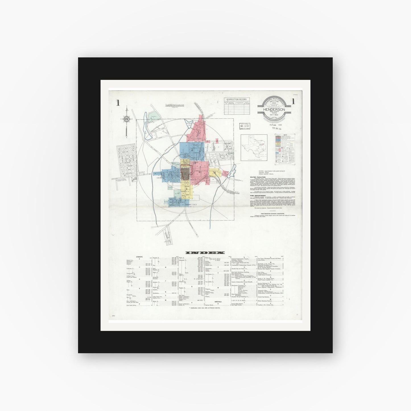 Old map wall art mockup — black gallery frame with white mat — Sanborn Fire Insurance Map from Henderson, Rusk County, Texas (1933) - Complete Map Set