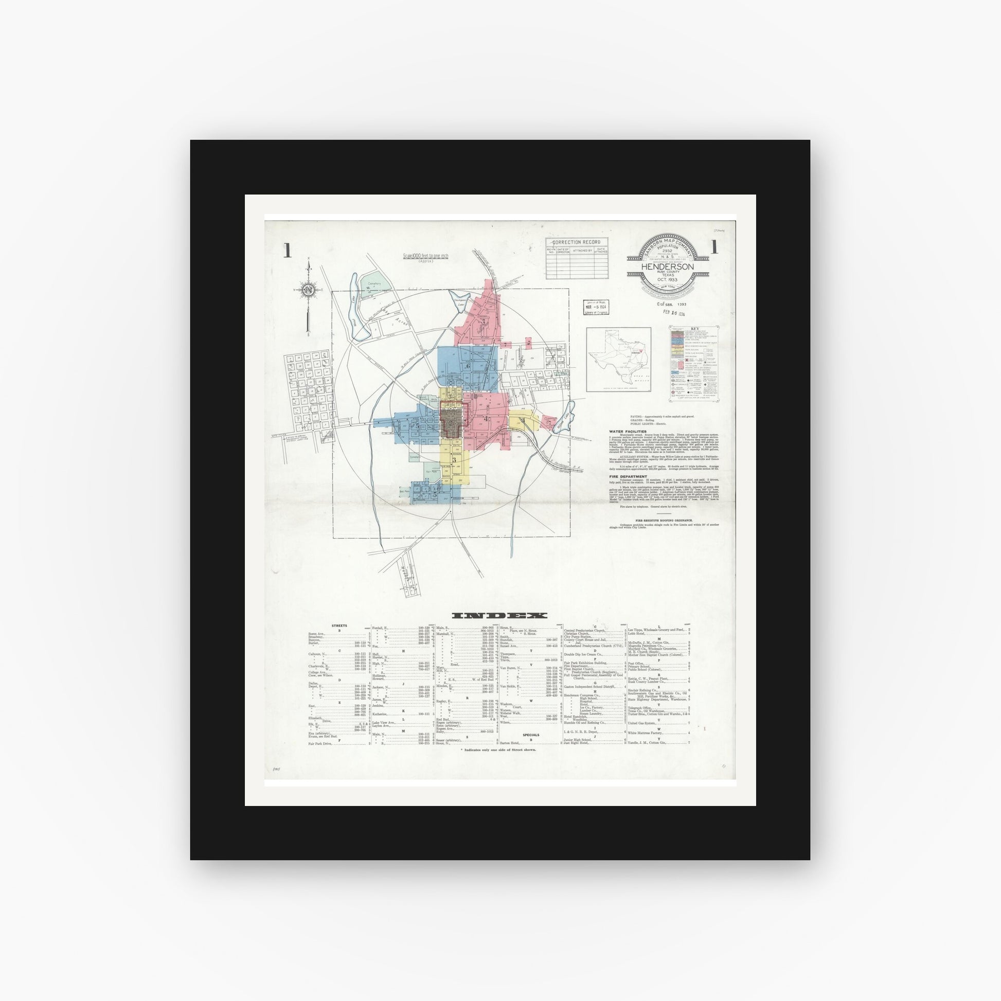Old map wall art mockup — black gallery frame with white mat — Sanborn Fire Insurance Map from Henderson, Rusk County, Texas (1933) - Complete Map Set