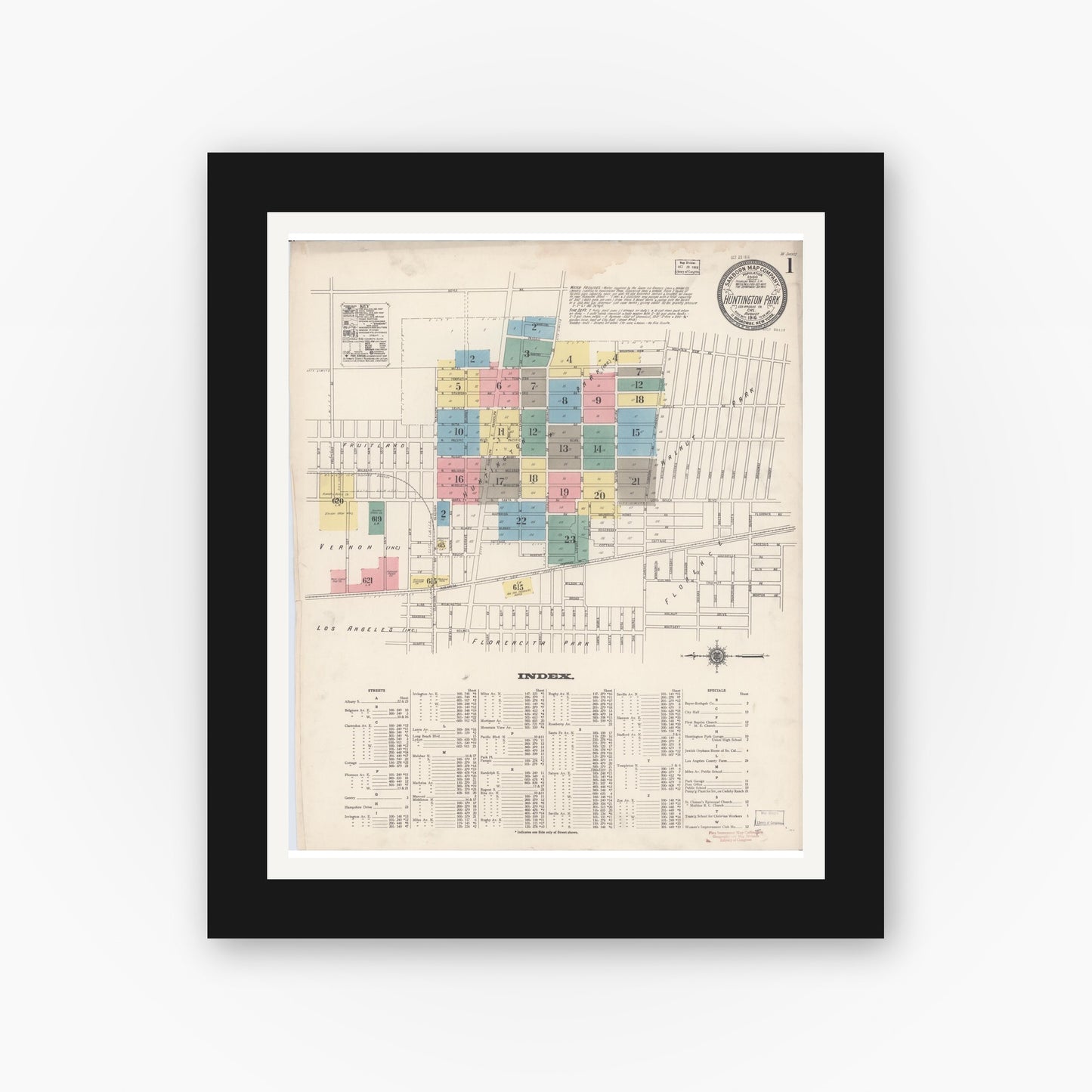 Old map wall art mockup — black gallery frame with white mat — Sanborn Fire Insurance Map from Huntington Park, Los Angeles County, California (1916), Sheet #0001