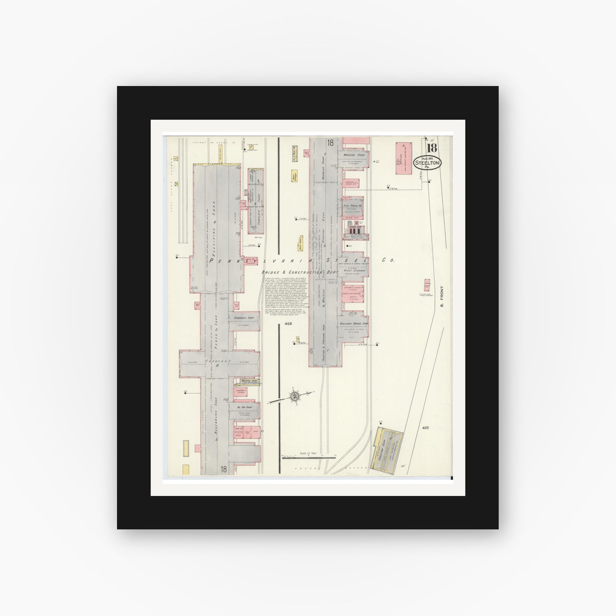 Old map wall art mockup — black gallery frame with white mat — Sanborn Fire Insurance Map from Steelton, Dauphin County, Pennsylvania (1915), Sheet #0018