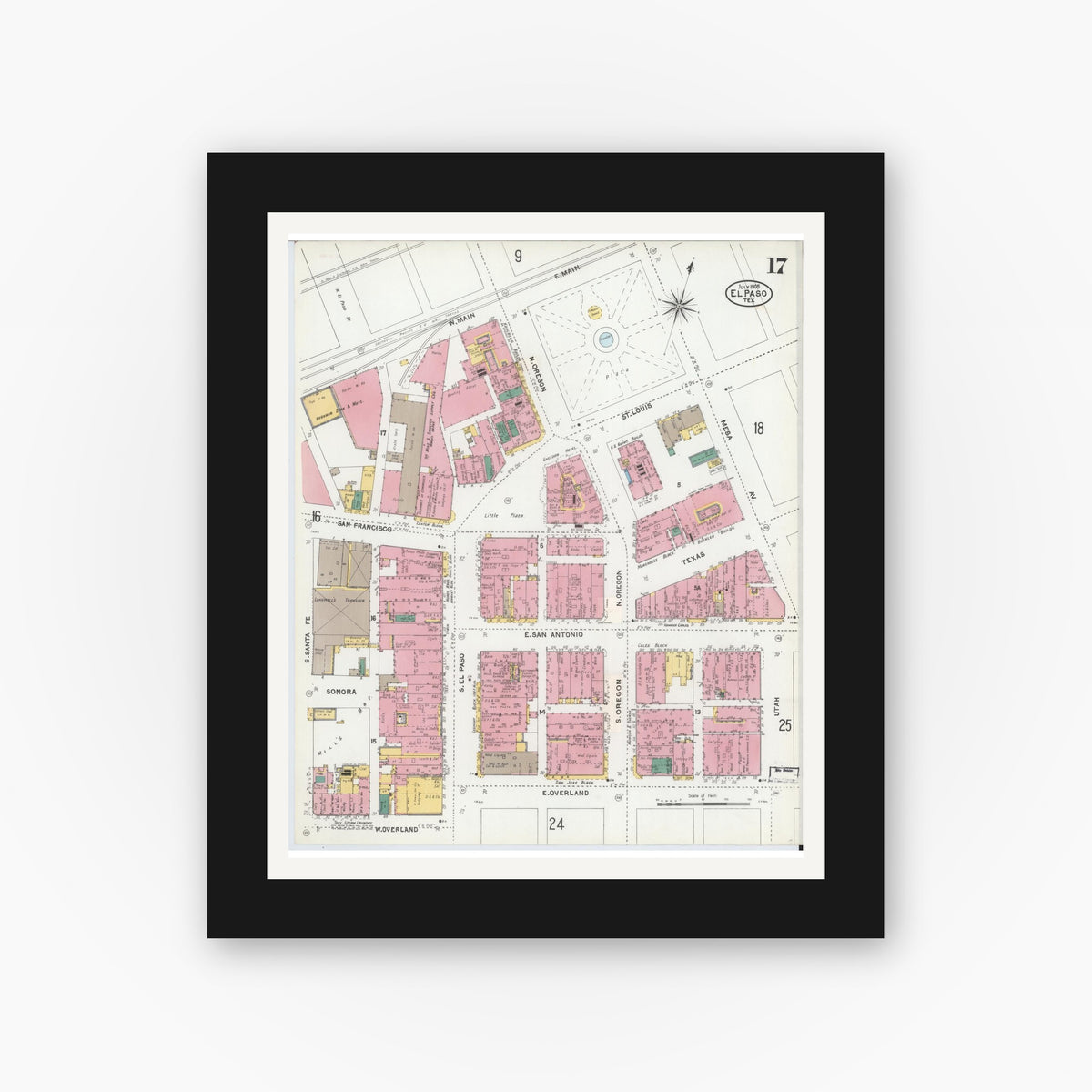 Old map wall art mockup — black gallery frame with white mat — Sanborn Fire Insurance Map from El Paso, El Paso County, Texas (1905), Sheet #0017