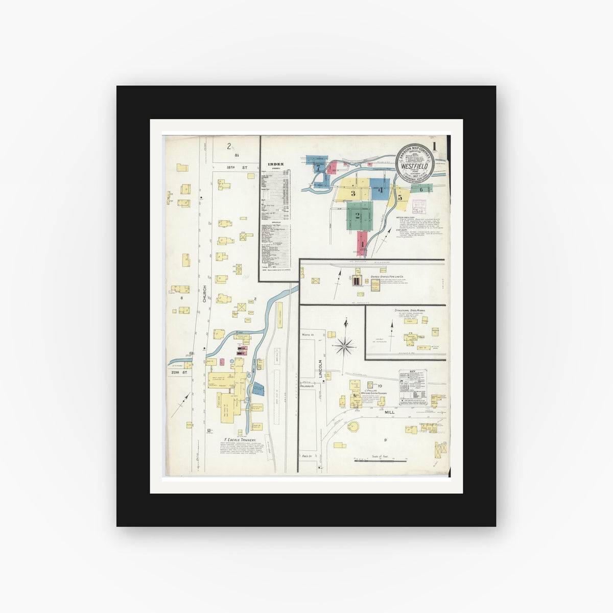 Old map wall art mockup — black gallery frame with white mat — Sanborn Fire Insurance Map from Westfield, Tioga County, Pennsylvania (1907) - Complete Map Set
