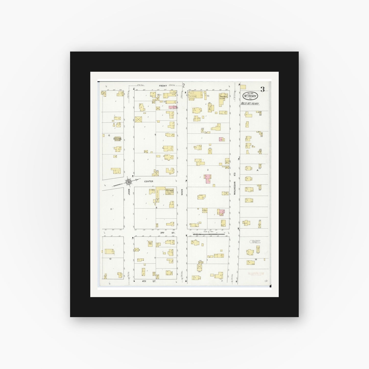 Old map wall art mockup — black gallery frame with white mat — Sanborn Fire Insurance Map from McHenry, McHenry County, Illinois (1912), Sheet #0003