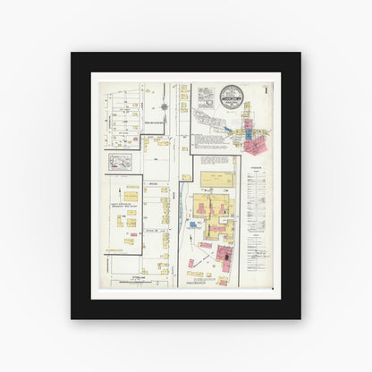 Old map wall art mockup — black gallery frame with white mat — Sanborn Fire Insurance Map from Masontown, Fayette County, Pennsylvania (1921), Sheet #0001