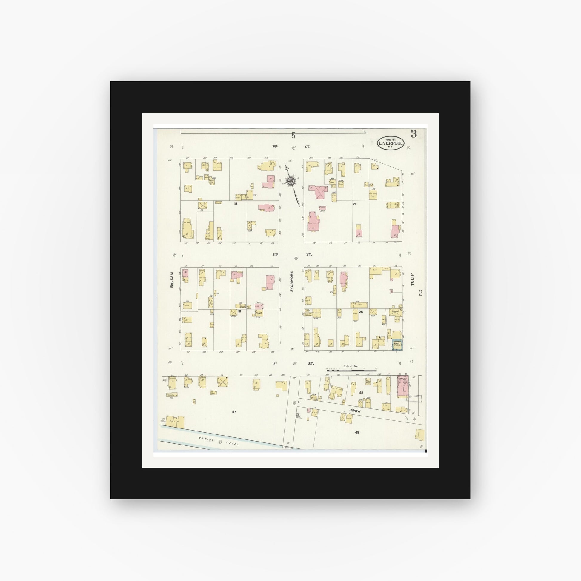 Old map wall art mockup — black gallery frame with white mat — Sanborn Fire Insurance Map from Liverpool, Onondaga County, New York (1911), Sheet #0003