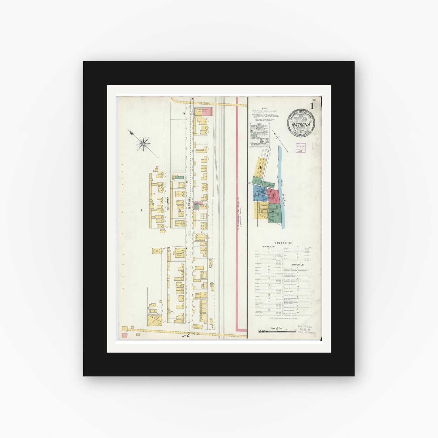 Old map wall art mockup — black gallery frame with white mat — Sanborn Fire Insurance Map from Natrona, Allegheny County, Pennsylvania (1906), Sheet #0001