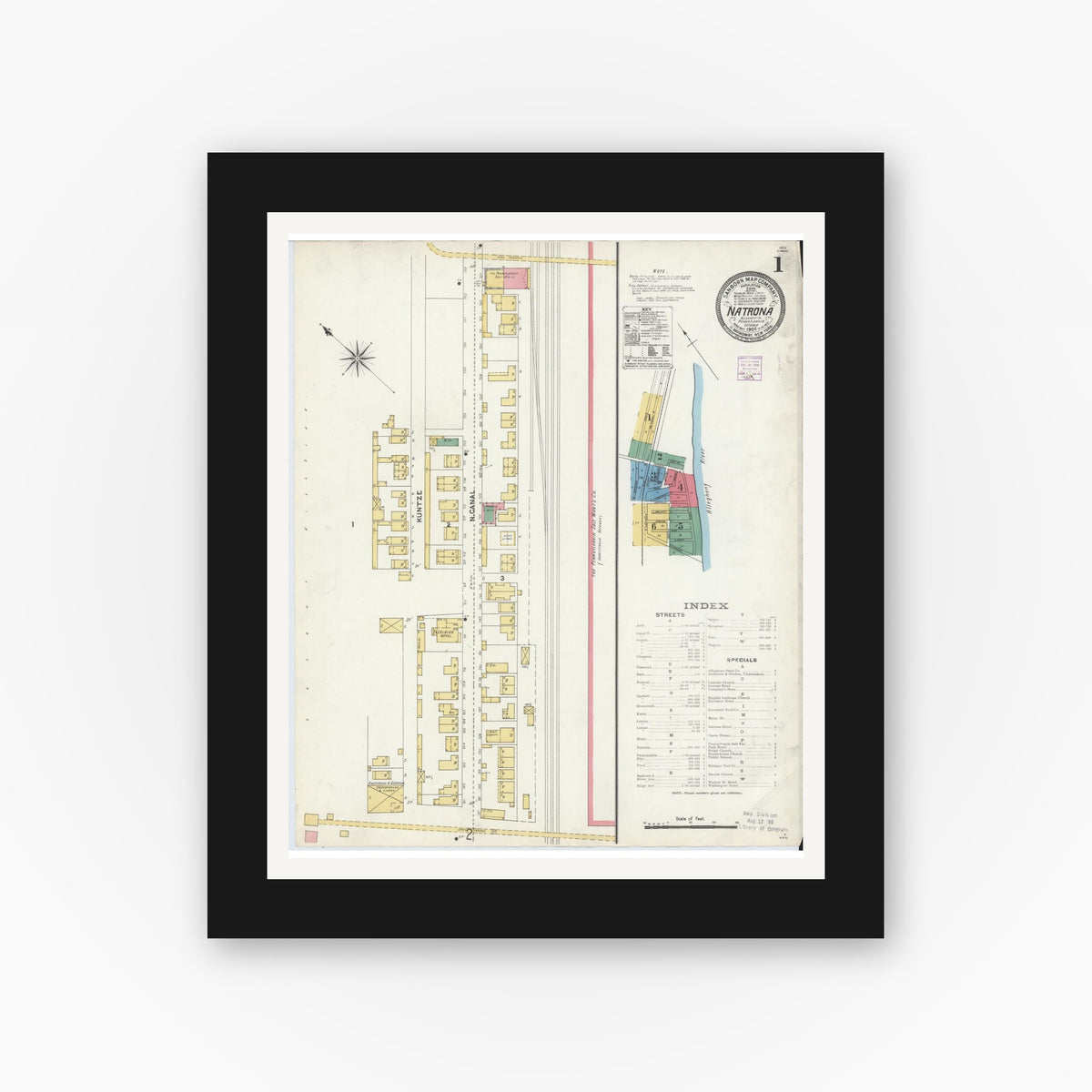 Old map wall art mockup — black gallery frame with white mat — Sanborn Fire Insurance Map from Natrona, Allegheny County, Pennsylvania (1906), Sheet #0001