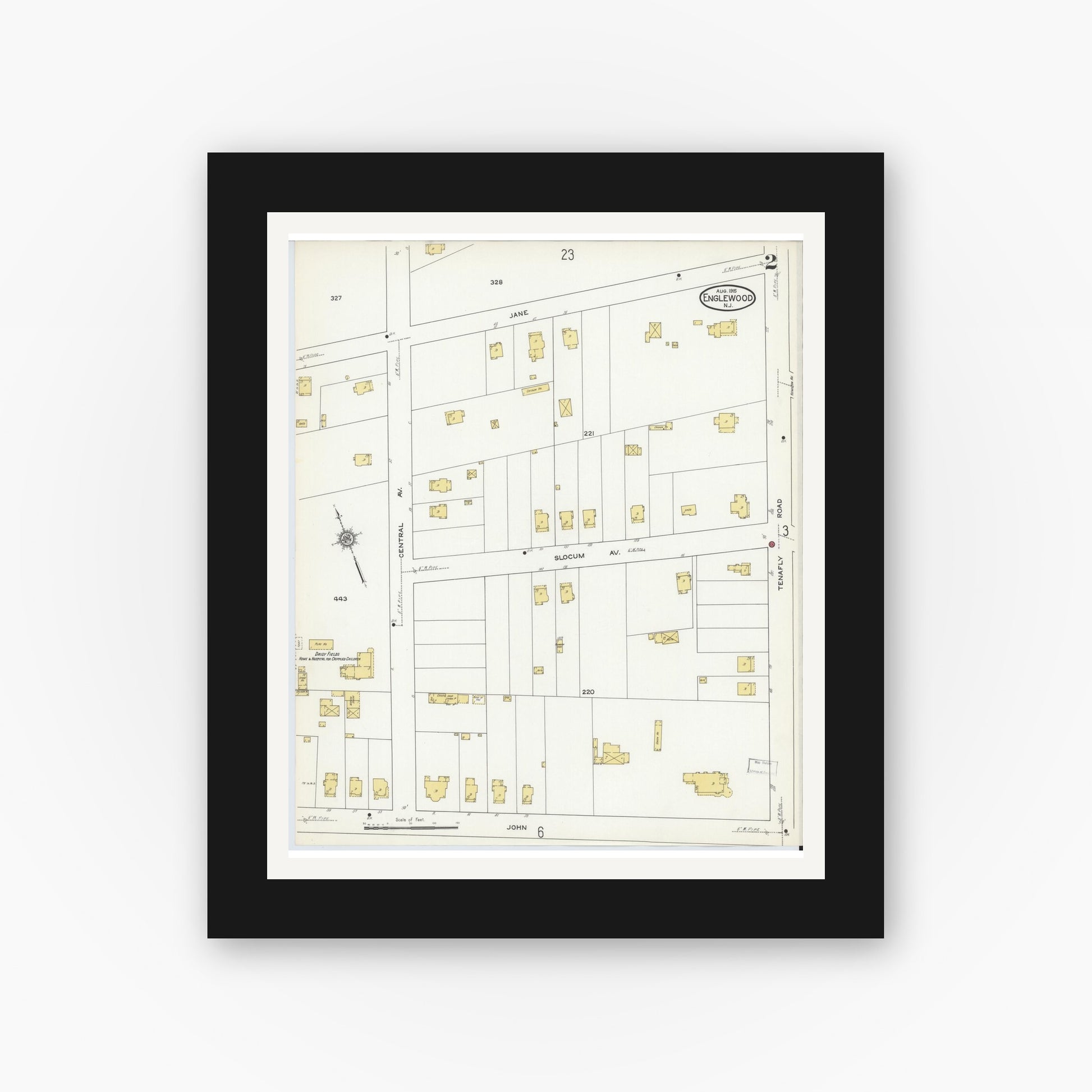 Old map wall art mockup — black gallery frame with white mat — Sanborn Fire Insurance Map from Englewood, Bergen County, New Jersey (1915) - Complete Map Set