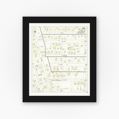 Old map wall art mockup — black gallery frame with white mat — Sanborn Fire Insurance Map from Cleburne, Johnson County, Texas (1910), Sheet #0029