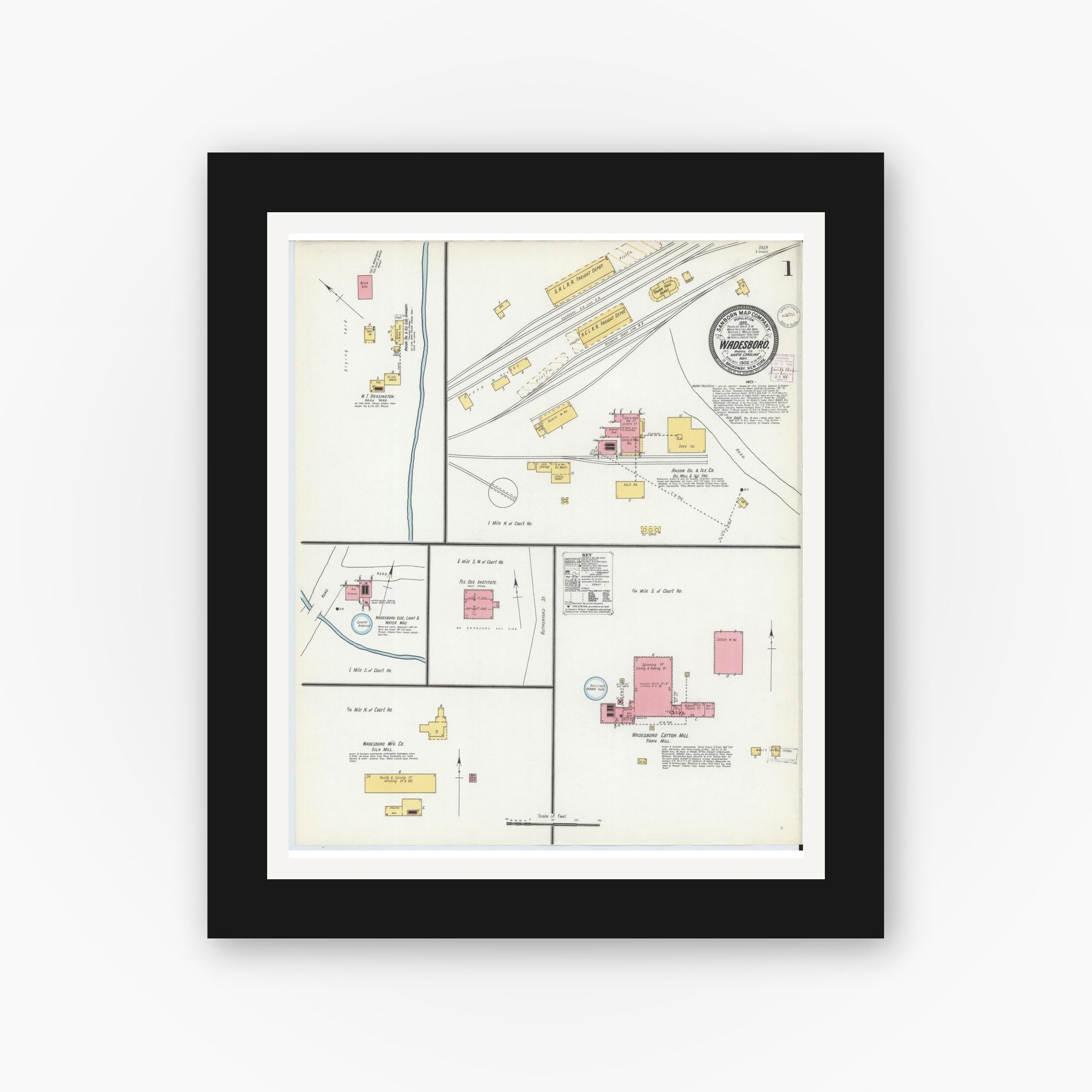 Old map wall art mockup — black gallery frame with white mat — Sanborn Fire Insurance Map from Wadesboro, Anson County, North Carolina (1902) - Complete Map Set