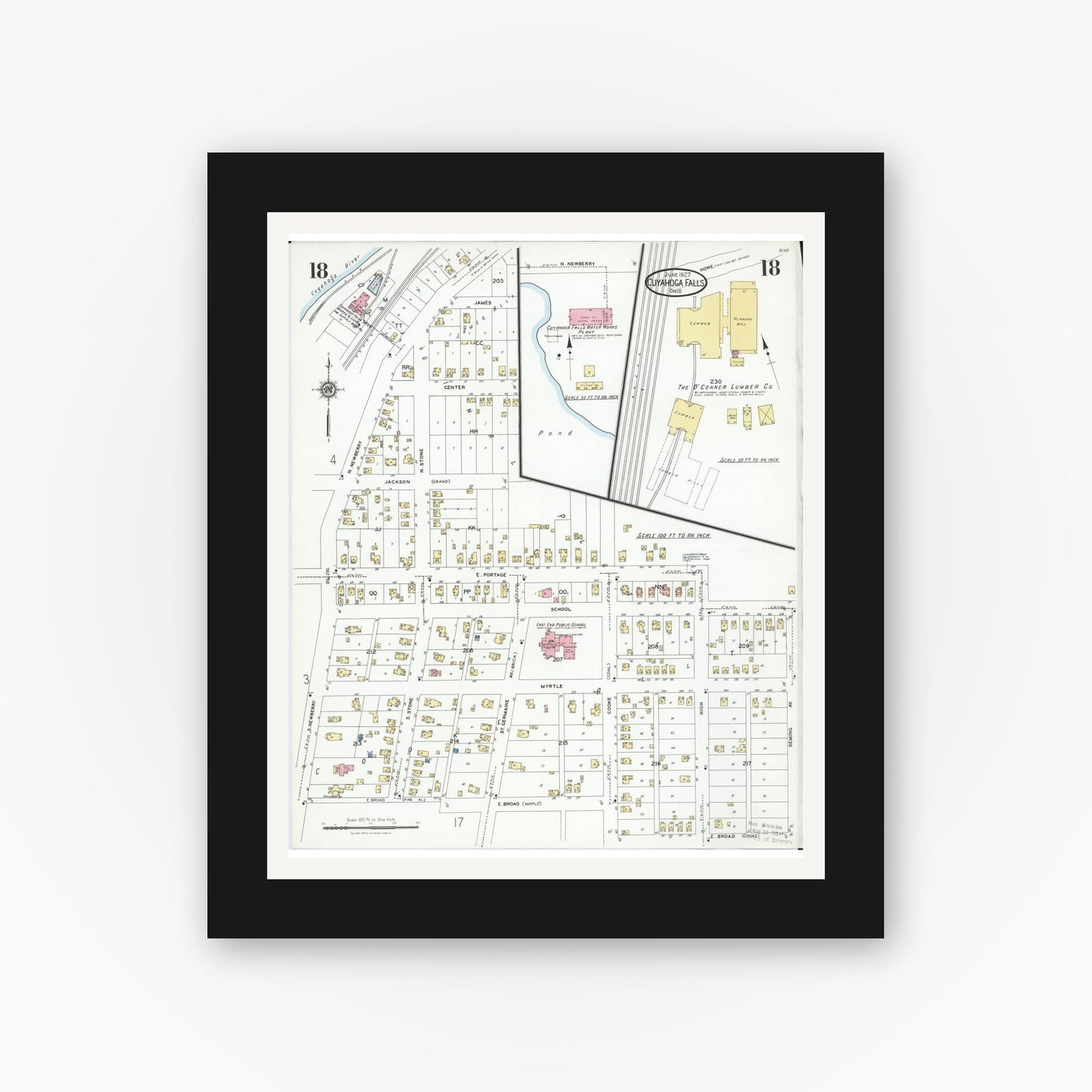 Old map wall art mockup — black gallery frame with white mat — Sanborn Fire Insurance Map from Cuyahoga Falls, Summit County, Ohio (1927), Sheet #0018