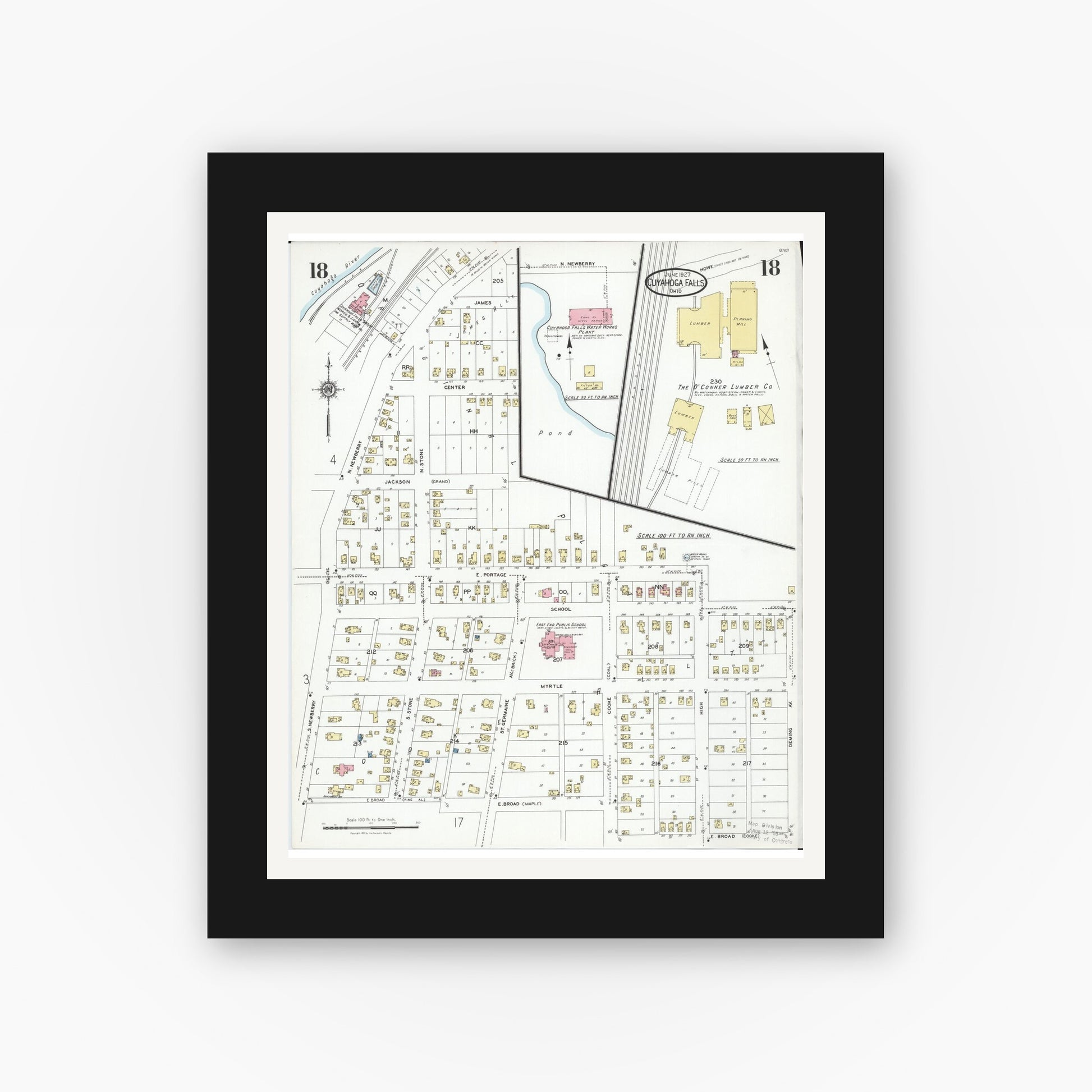 Old map wall art mockup — black gallery frame with white mat — Sanborn Fire Insurance Map from Cuyahoga Falls, Summit County, Ohio (1927), Sheet #0018