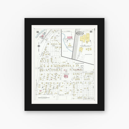 Old map wall art mockup — black gallery frame with white mat — Sanborn Fire Insurance Map from Cuyahoga Falls, Summit County, Ohio (1927), Sheet #0018