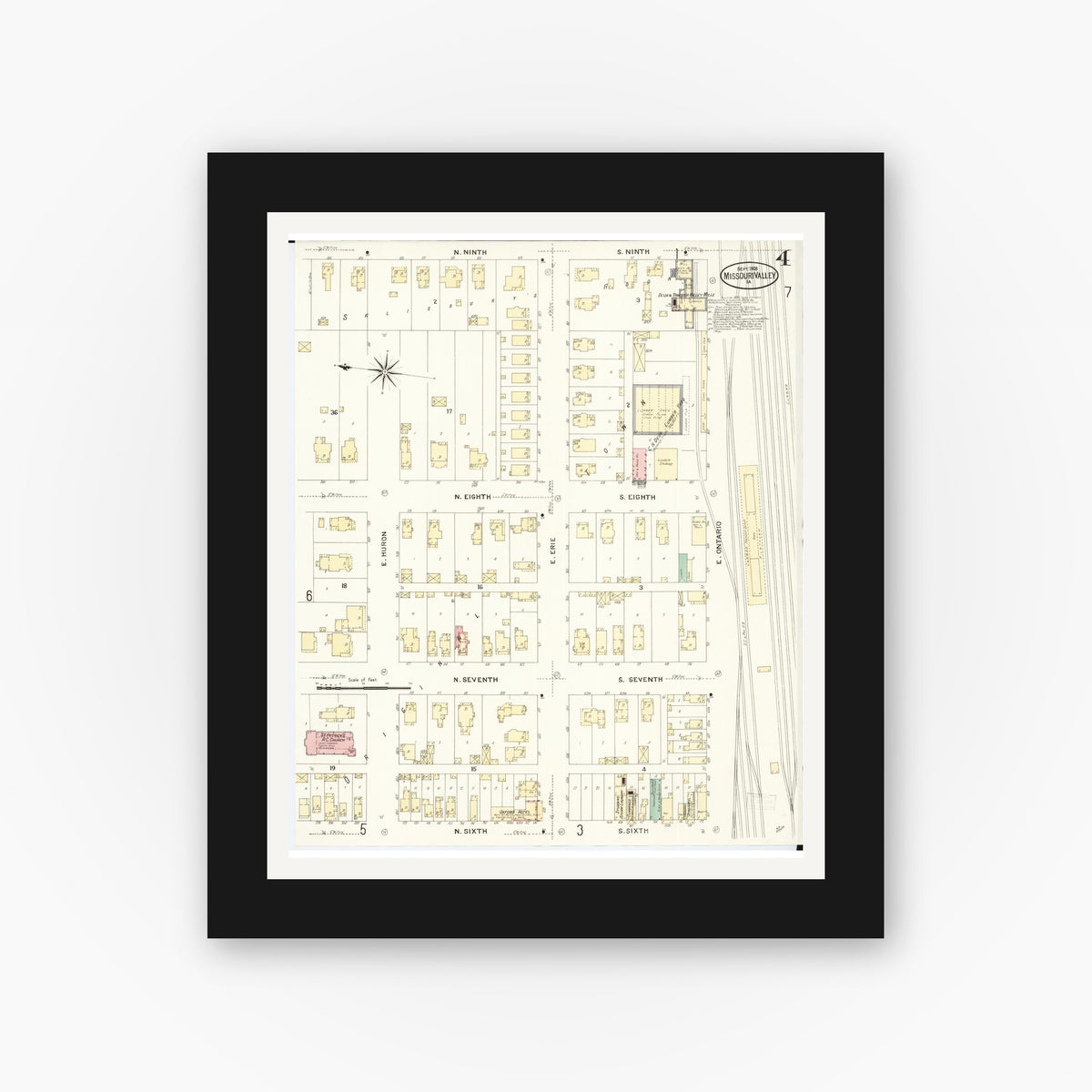 Old map wall art mockup — black gallery frame with white mat — Sanborn Fire Insurance Map from Missouri Valley, Harrison County, Iowa (1908), Sheet #0004