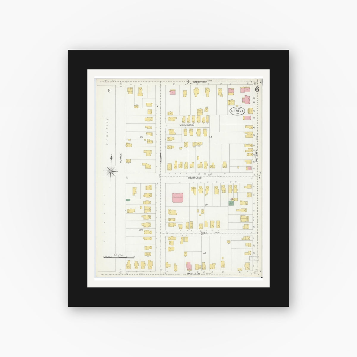 Old map wall art mockup — black gallery frame with white mat — Sanborn Fire Insurance Map from Geneva, Ontario County, New York (1903), Sheet #0006