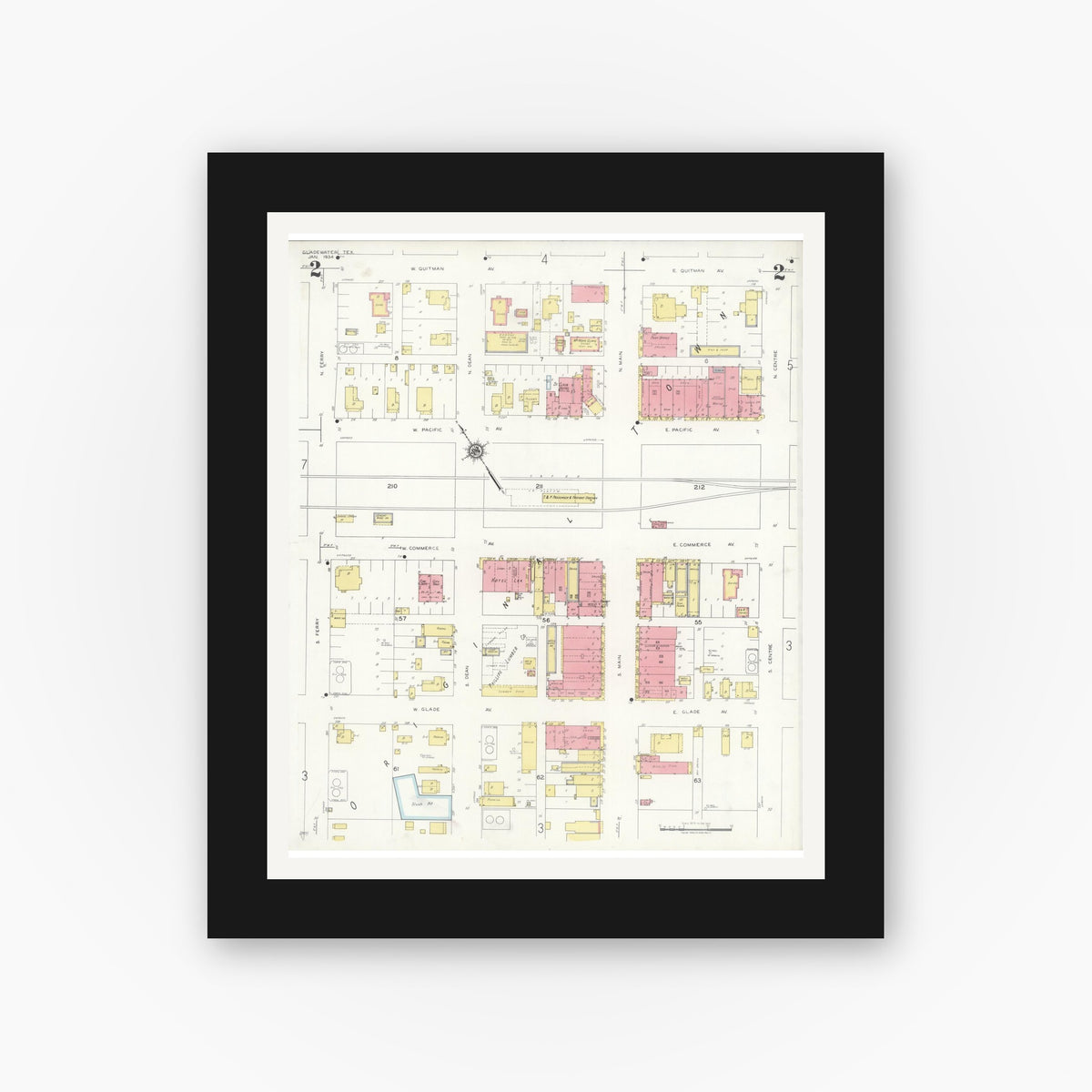 Old map wall art mockup — black gallery frame with white mat — Sanborn Fire Insurance Map from Gladewater, Gregg County, Texas (1934), Sheet #0002