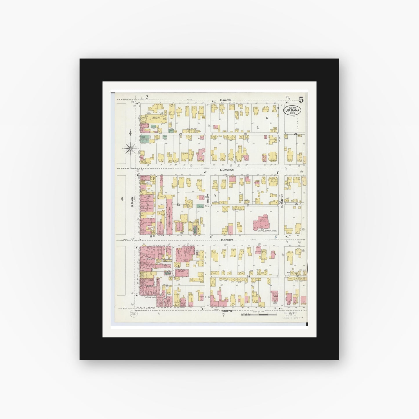 Old map wall art mockup — black gallery frame with white mat — Sanborn Fire Insurance Map from Urbana, Champaign County, Ohio (1901), Sheet #0005