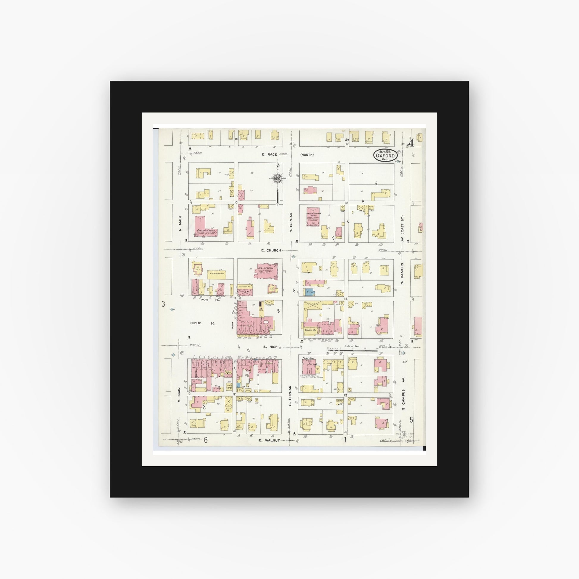 Old map wall art mockup — black gallery frame with white mat — Sanborn Fire Insurance Map from Oxford, Butler County, Ohio (1911), Sheet #0004