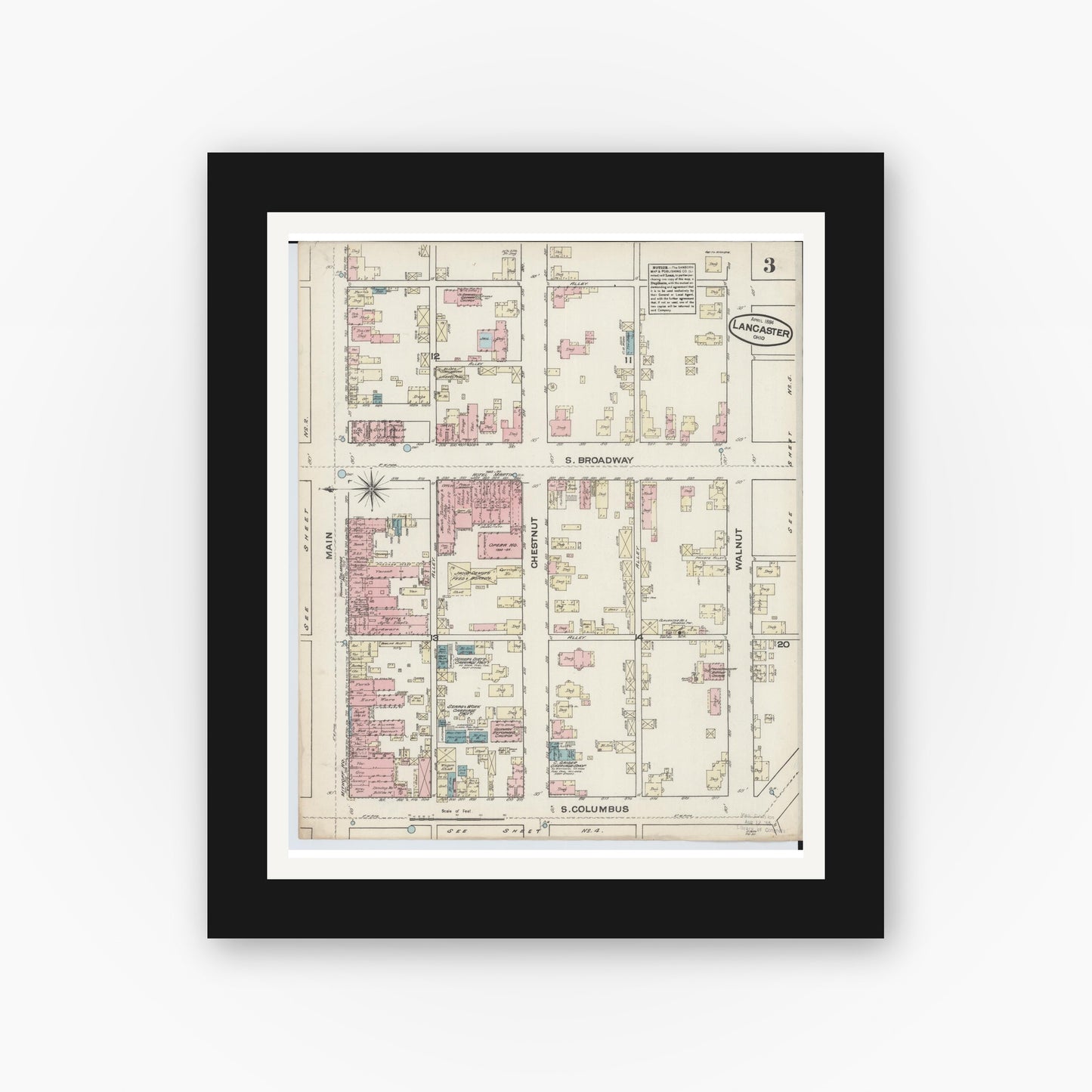 Old map wall art mockup — black gallery frame with white mat — Sanborn Fire Insurance Map from Lancaster, Fairfield County, Ohio (1884), Sheet #0003
