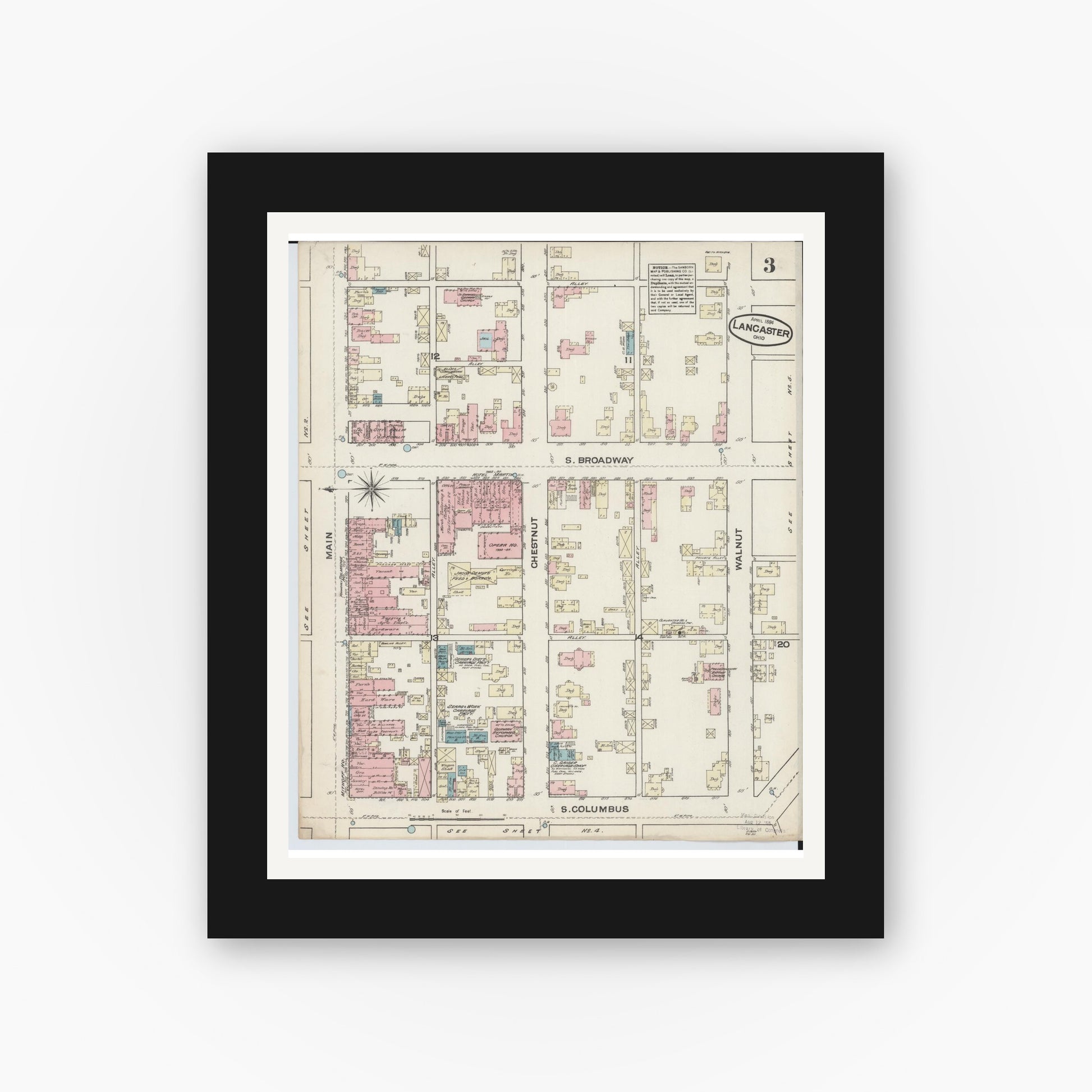 Old map wall art mockup — black gallery frame with white mat — Sanborn Fire Insurance Map from Lancaster, Fairfield County, Ohio (1884), Sheet #0003
