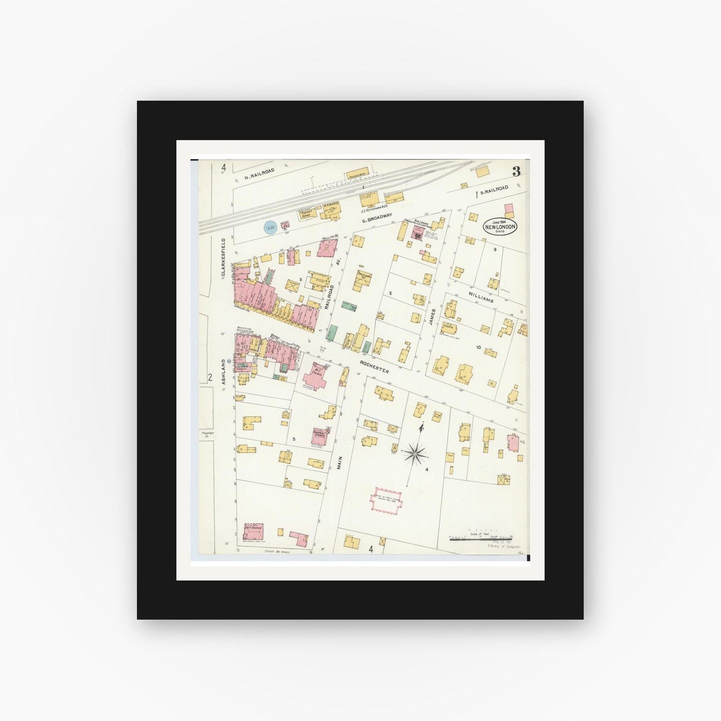 Old map wall art mockup — black gallery frame with white mat — Sanborn Fire Insurance Map from New London, Huron County, Ohio (1904), Sheet #0003