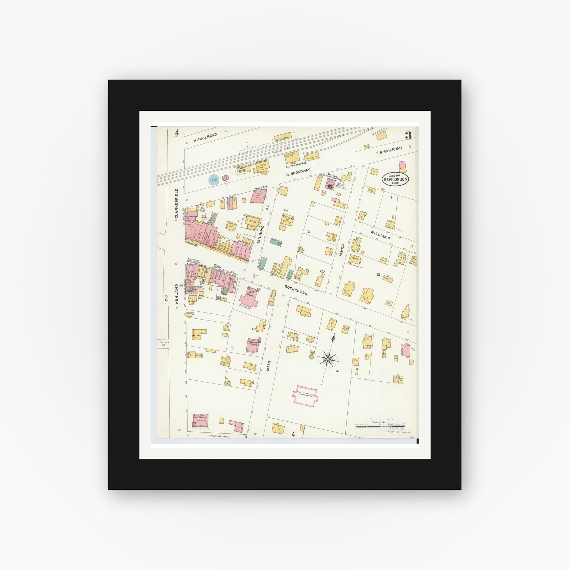 Old map wall art mockup — black gallery frame with white mat — Sanborn Fire Insurance Map from New London, Huron County, Ohio (1904), Sheet #0003