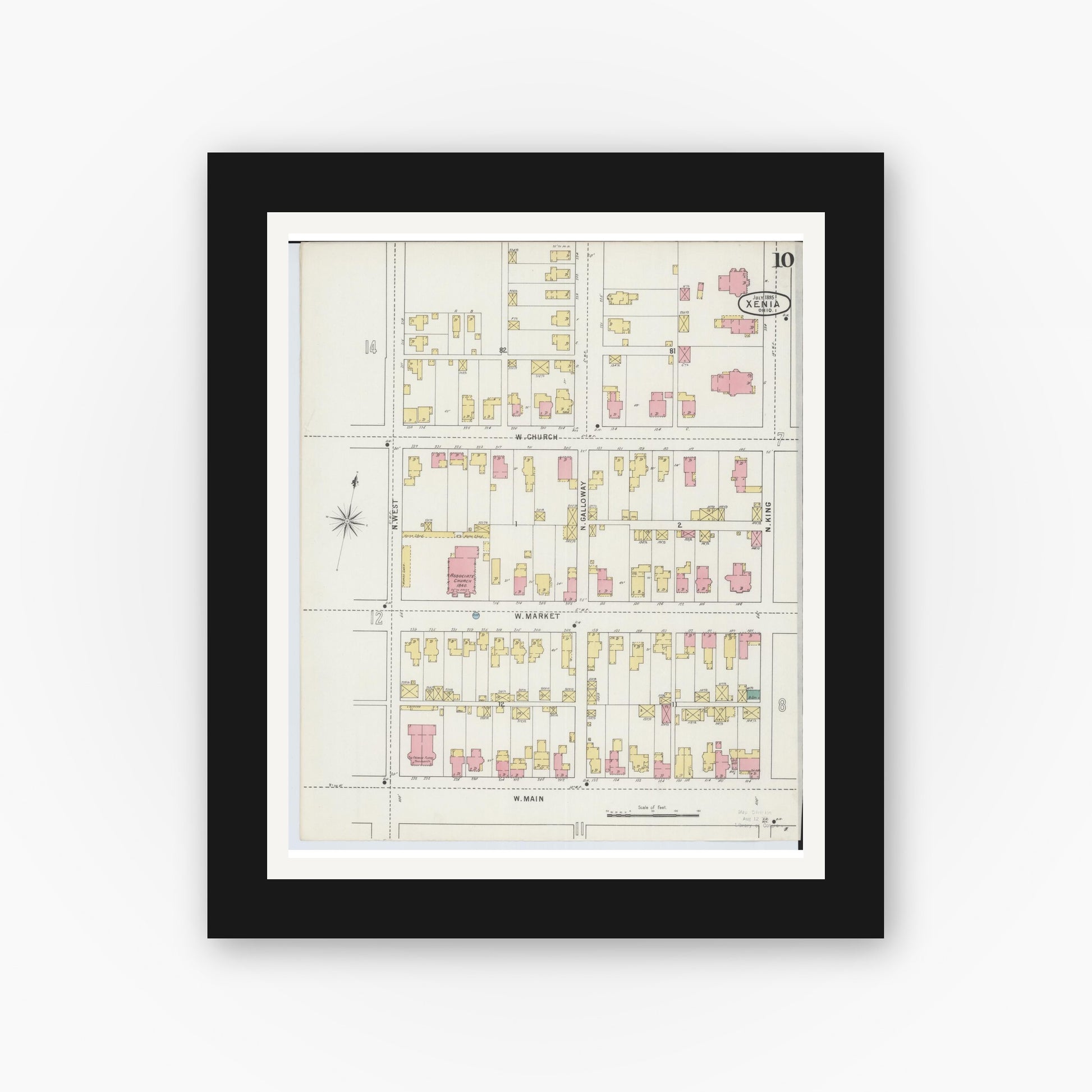 Old map wall art mockup — black gallery frame with white mat — Sanborn Fire Insurance Map from Xenia, Greene County, Ohio (1895), Sheet #0010