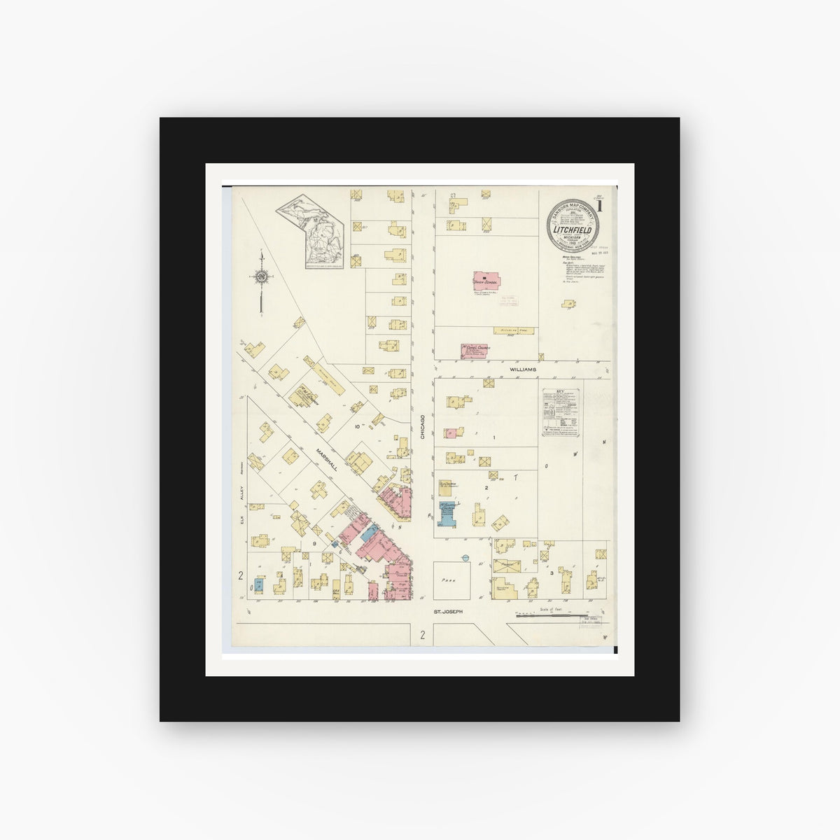 Old map wall art mockup — black gallery frame with white mat — Sanborn Fire Insurance Map from Litchfield, Hillsdale County, Michigan (1913), Sheet #0001