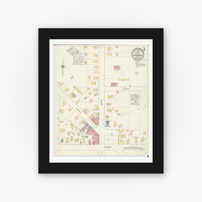 Old map wall art mockup — black gallery frame with white mat — Sanborn Fire Insurance Map from Litchfield, Hillsdale County, Michigan (1913), Sheet #0001
