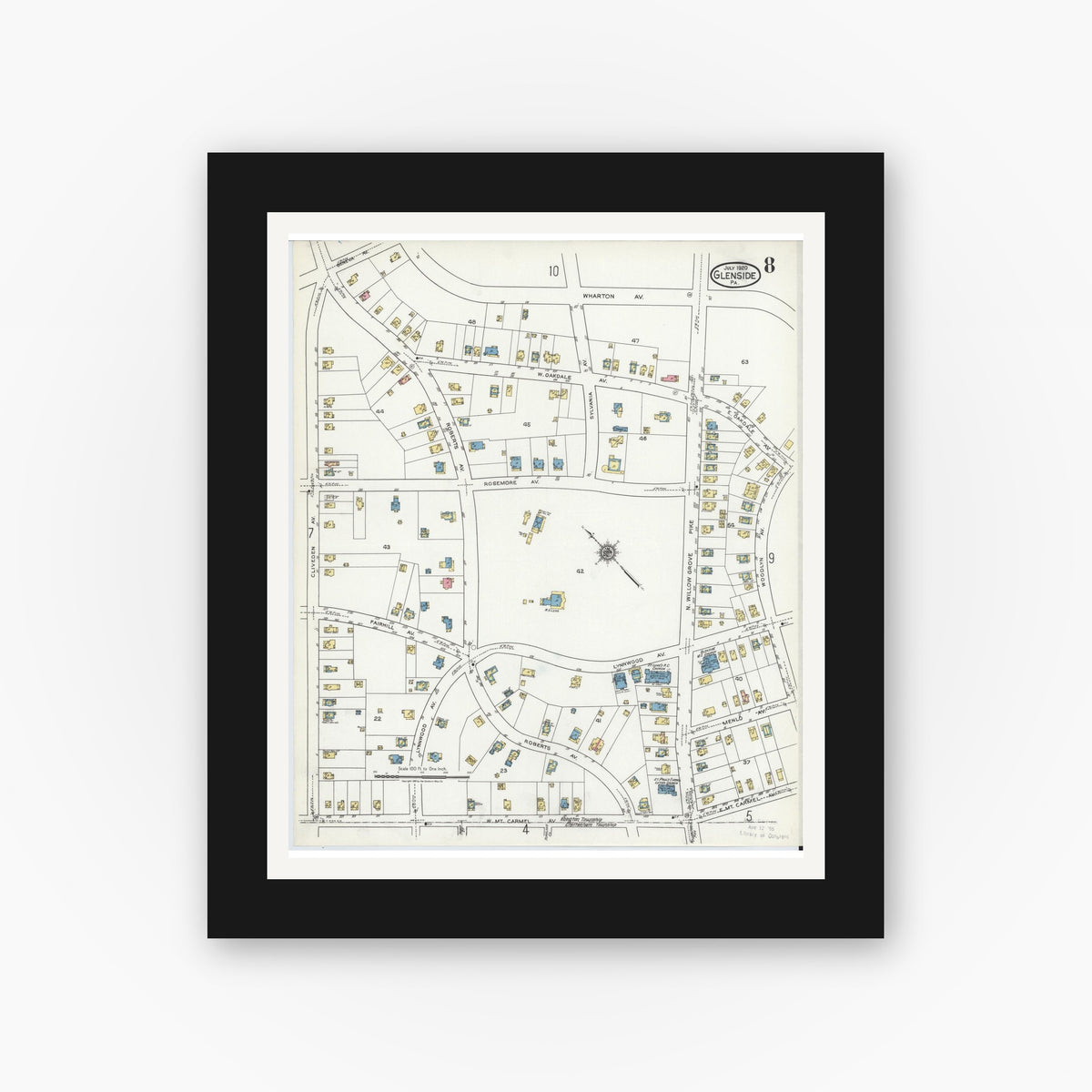 Old map wall art mockup — black gallery frame with white mat — Sanborn Fire Insurance Map from Glenside, Montgomery County, Pennsylvania (1920), Sheet #0008