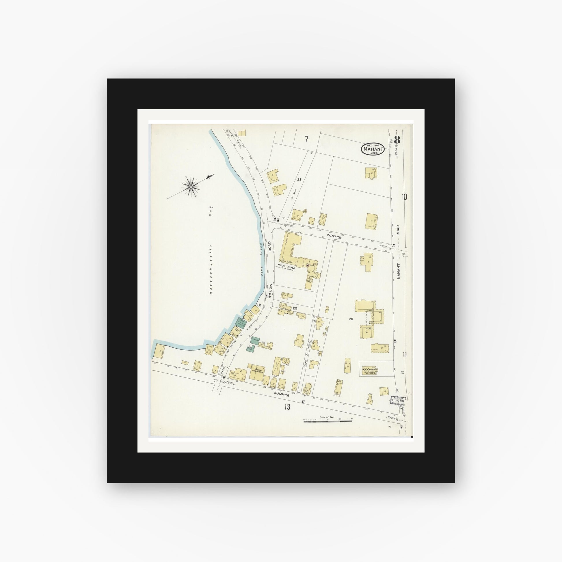 Old map wall art mockup — black gallery frame with white mat — Sanborn Fire Insurance Map from Nahant, Essex County, Massachusetts (1907), Sheet #0008