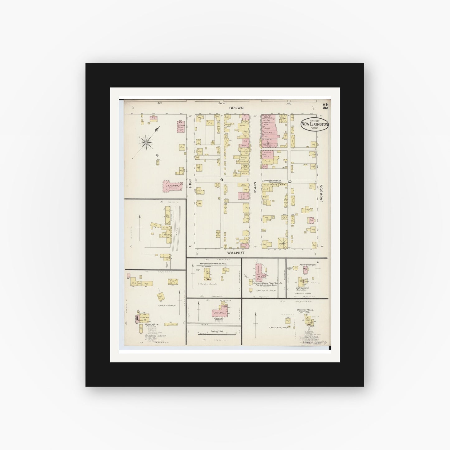 Old map wall art mockup — black gallery frame with white mat — Sanborn Fire Insurance Map from New Lexington, Perry County, Ohio (1887), Sheet #0002