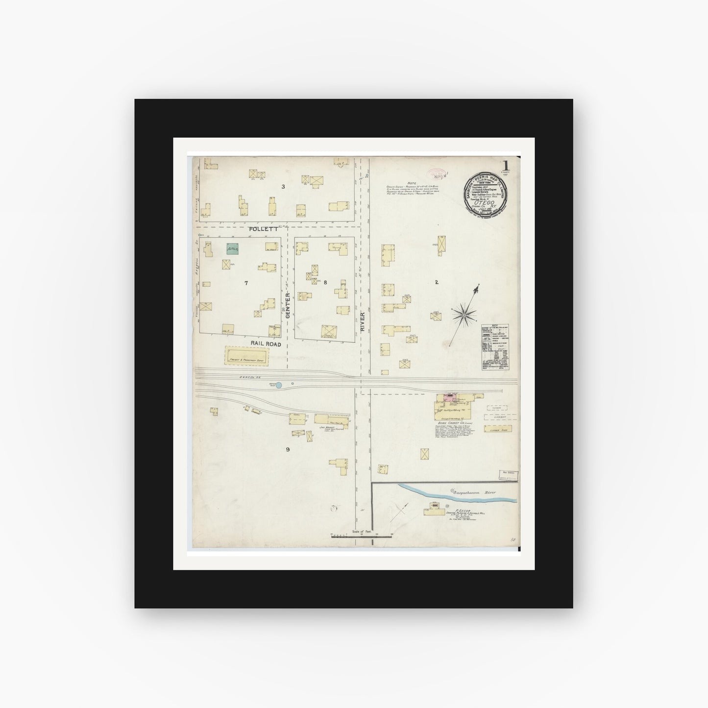 Old map wall art mockup — black gallery frame with white mat — Sanborn Fire Insurance Map from Otego, Otsego County, New York (1891), Sheet #0001