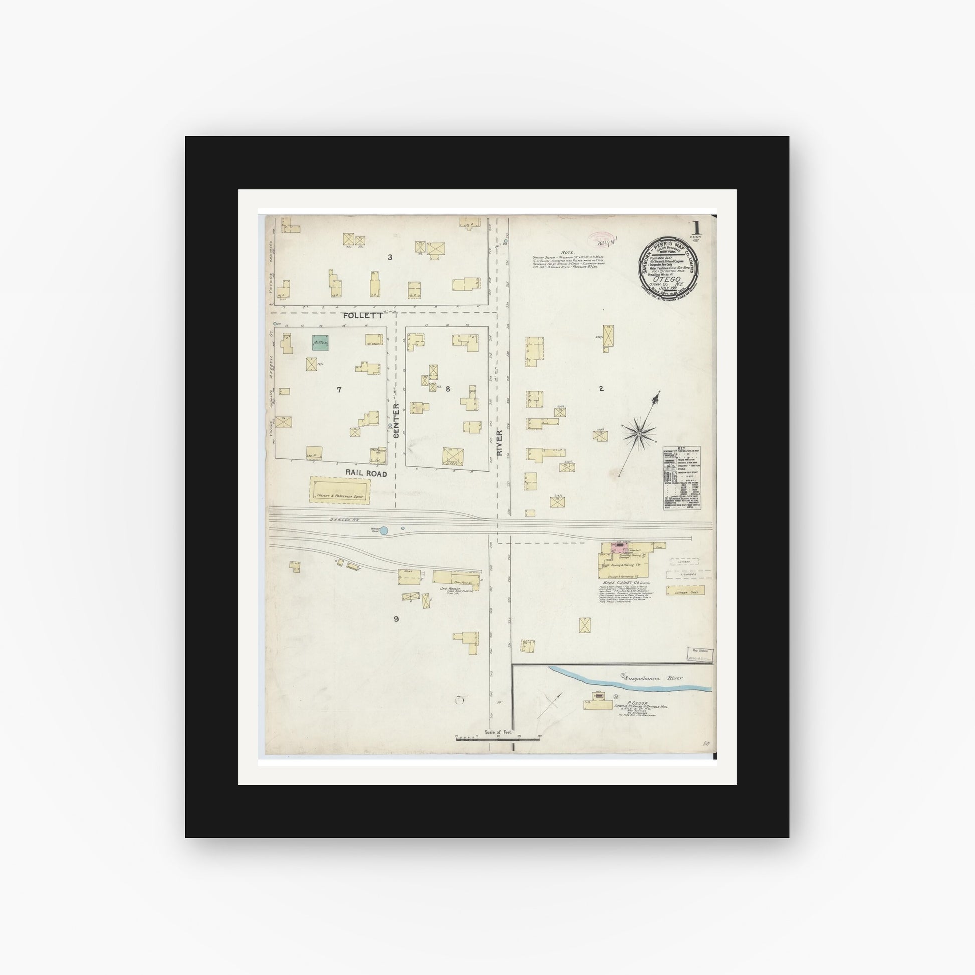 Old map wall art mockup — black gallery frame with white mat — Sanborn Fire Insurance Map from Otego, Otsego County, New York (1891), Sheet #0001