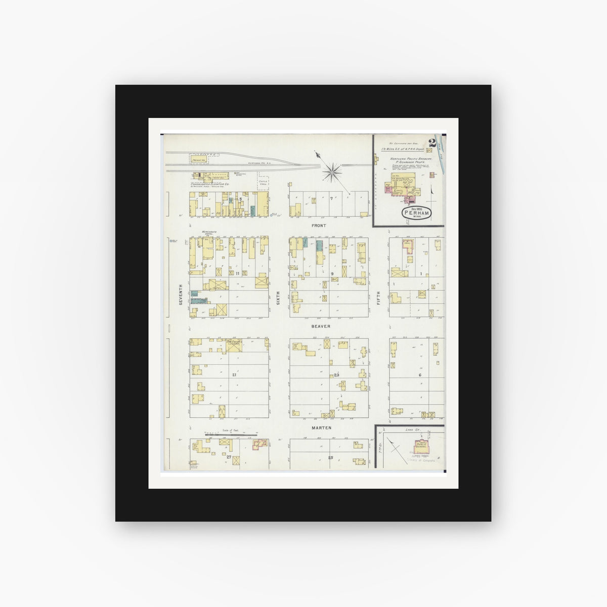 Old map wall art mockup — black gallery frame with white mat — Sanborn Fire Insurance Map from Perham, Otter Tail County, Minnesota (1895), Sheet #0002