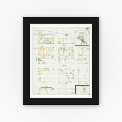 Old map wall art mockup — black gallery frame with white mat — Sanborn Fire Insurance Map from Perham, Otter Tail County, Minnesota (1895), Sheet #0002