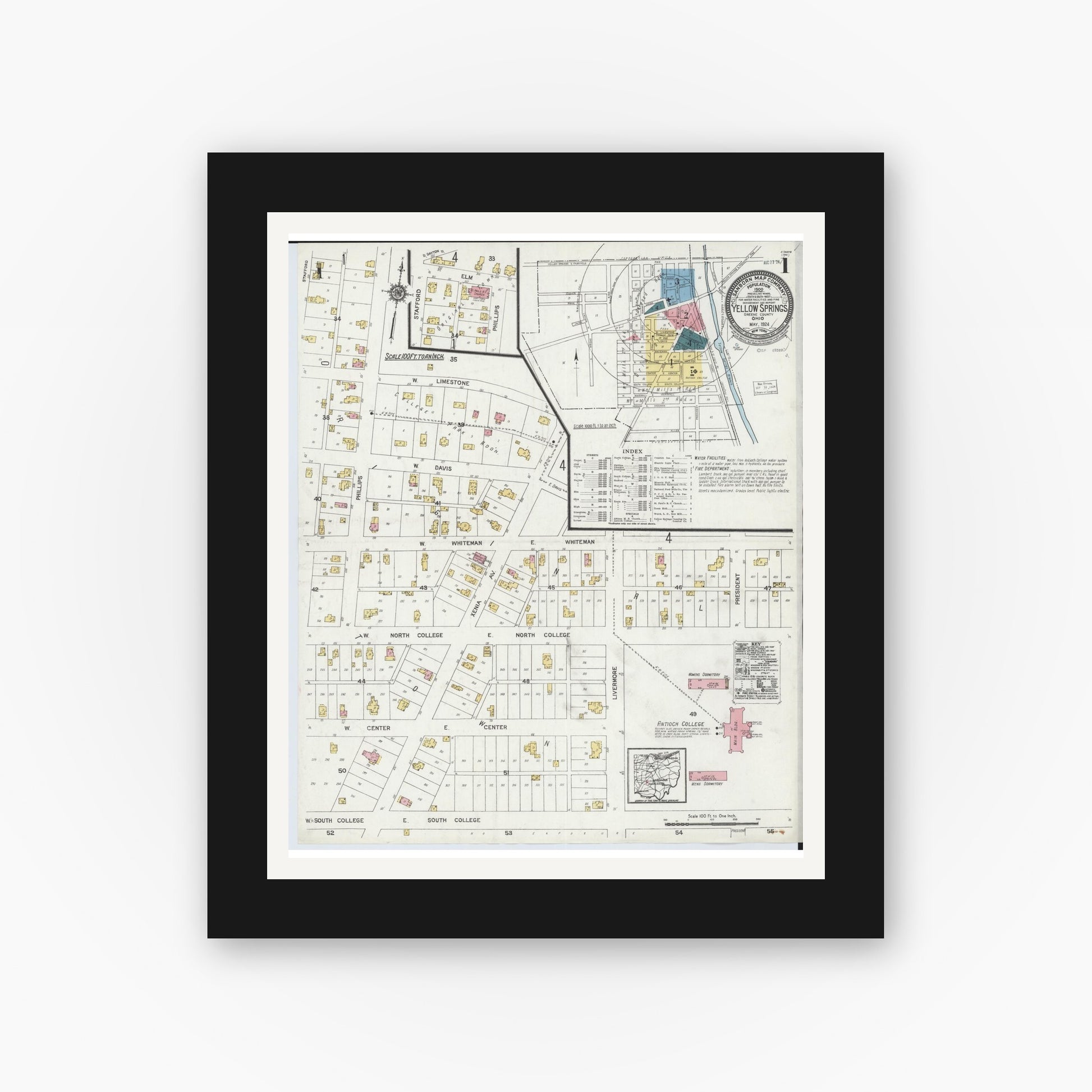 Old map wall art mockup — black gallery frame with white mat — Sanborn Fire Insurance Map from Yellow Springs, Greene County, Ohio (1924), Sheet #0001