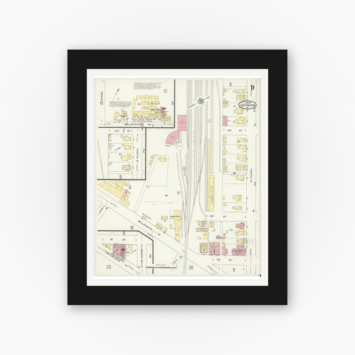 Old map wall art mockup — black gallery frame with white mat — Sanborn Fire Insurance Map from Lock Haven, Clinton County, Pennsylvania (1914), Sheet #0009